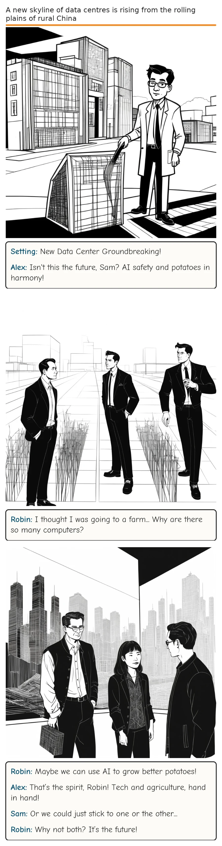 A new skyline of data centres is rising from the rolling plains of rural China — comic strip