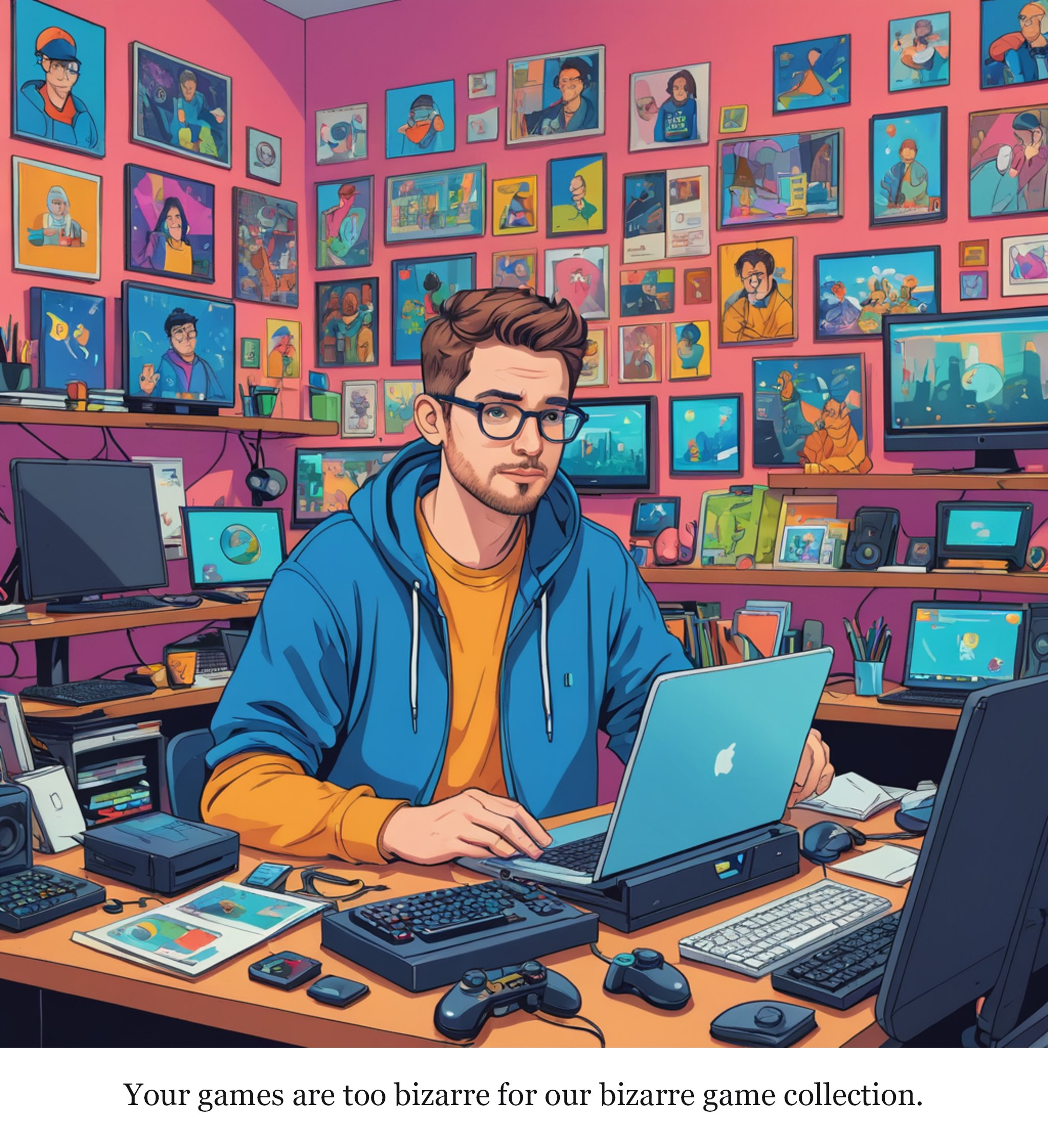 A new subscription service promises an evolving collection of 'bold and bizarre' indie games — one-panel cartoon