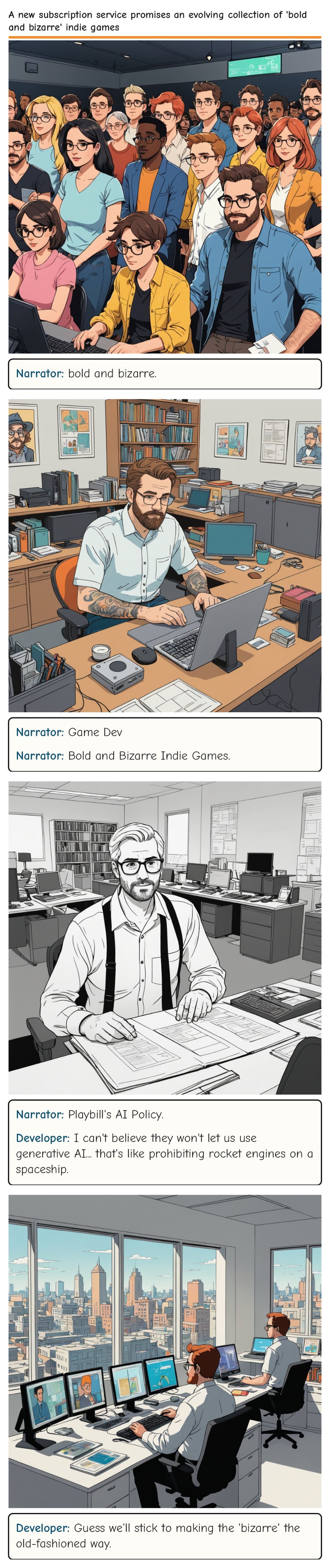 A new subscription service promises an evolving collection of 'bold and bizarre' indie games — comic strip