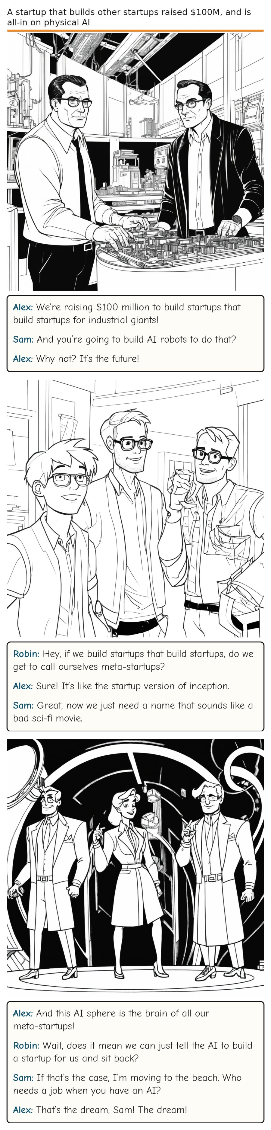A startup that builds other startups raised $100M, and is all-in on physical AI — comic strip