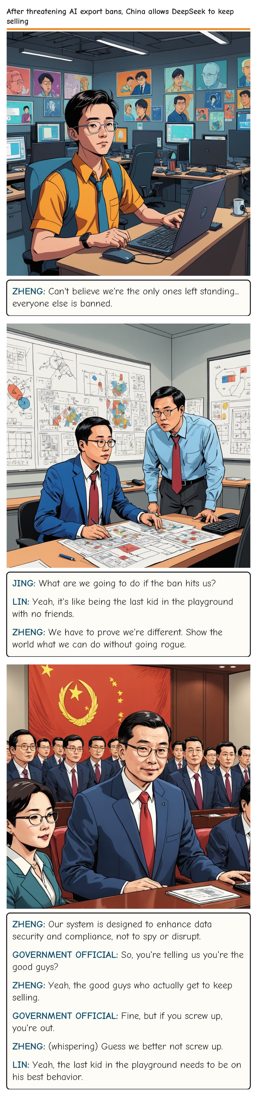 After threatening AI export bans, China allows DeepSeek to keep selling — comic strip