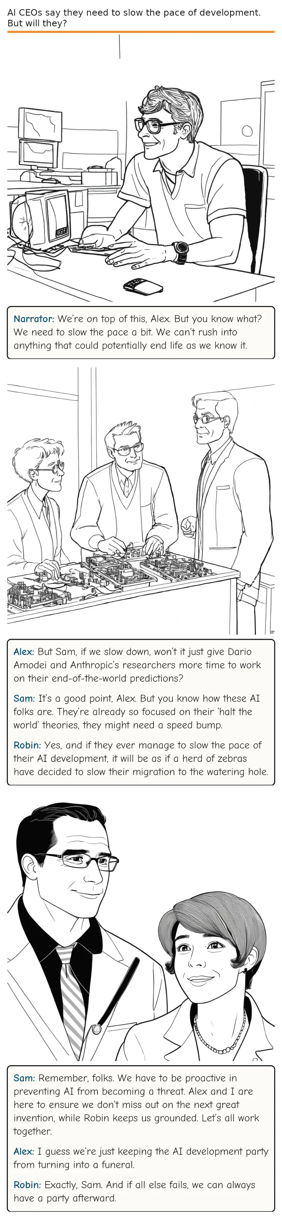 AI CEOs say they need to slow the pace of development. But will they? — comic strip