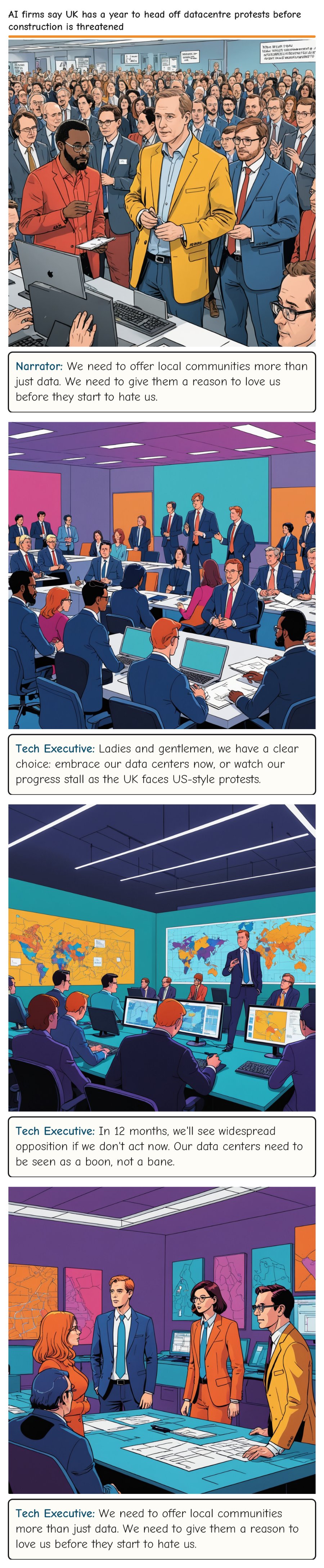 AI firms say UK has a year to head off datacentre protests before construction is threatened — comic strip