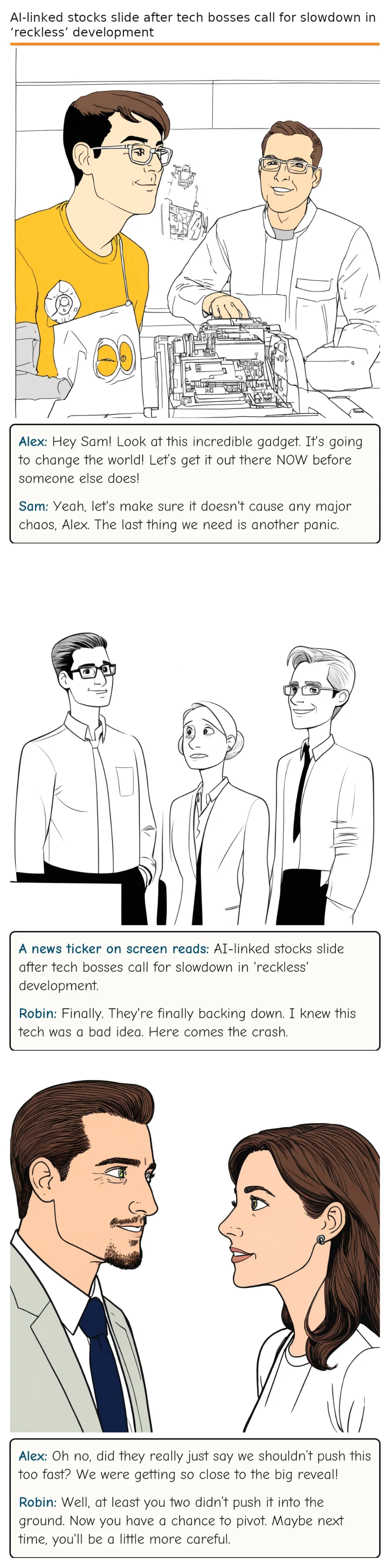 AI-linked stocks slide after tech bosses call for slowdown in ‘reckless’ development — comic strip