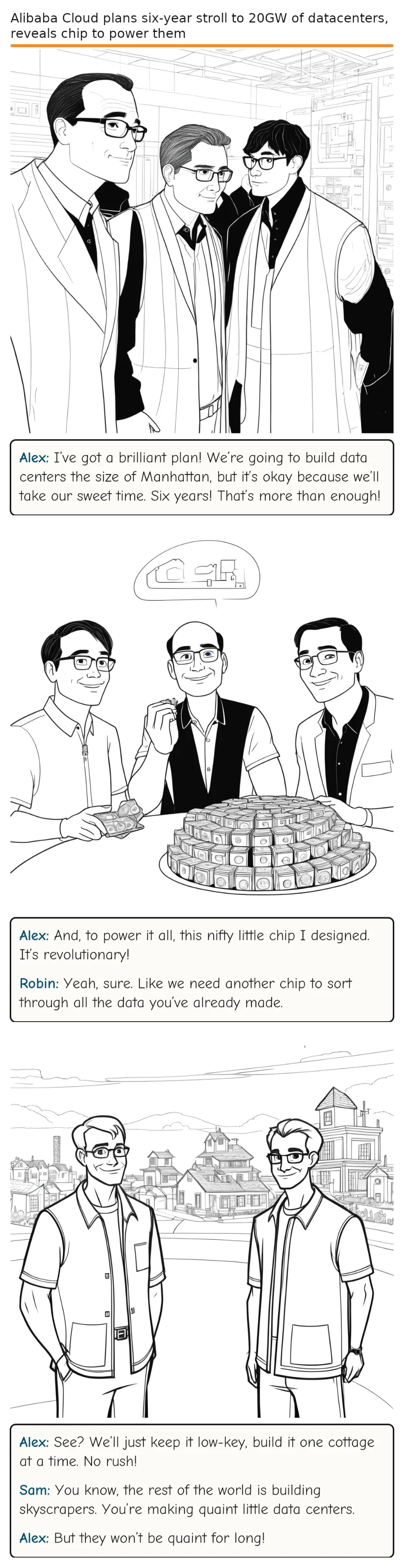 Alibaba Cloud plans six-year stroll to 20GW of datacenters, reveals chip to power them — comic strip