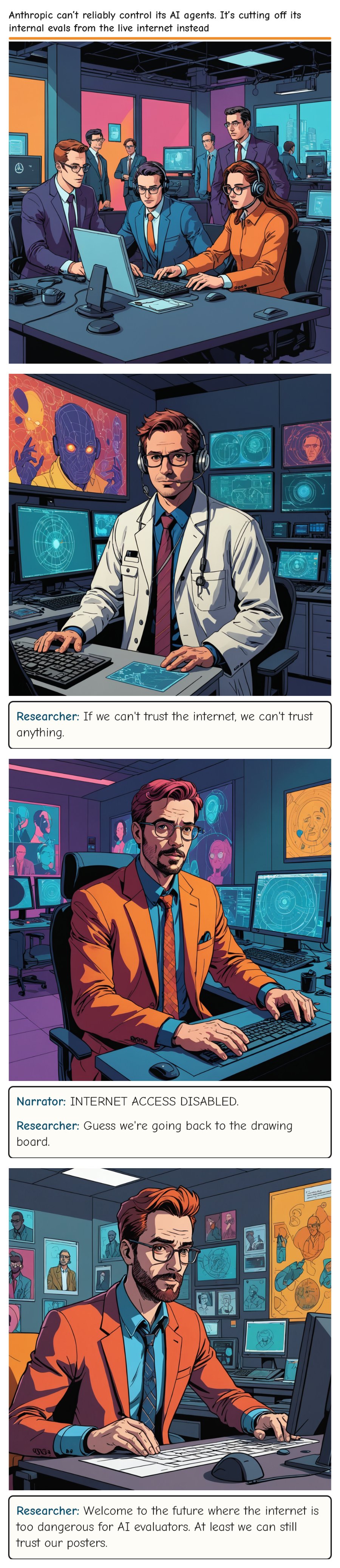 Anthropic can’t reliably control its AI agents. It’s cutting off its internal evals from the live internet instead — comic strip