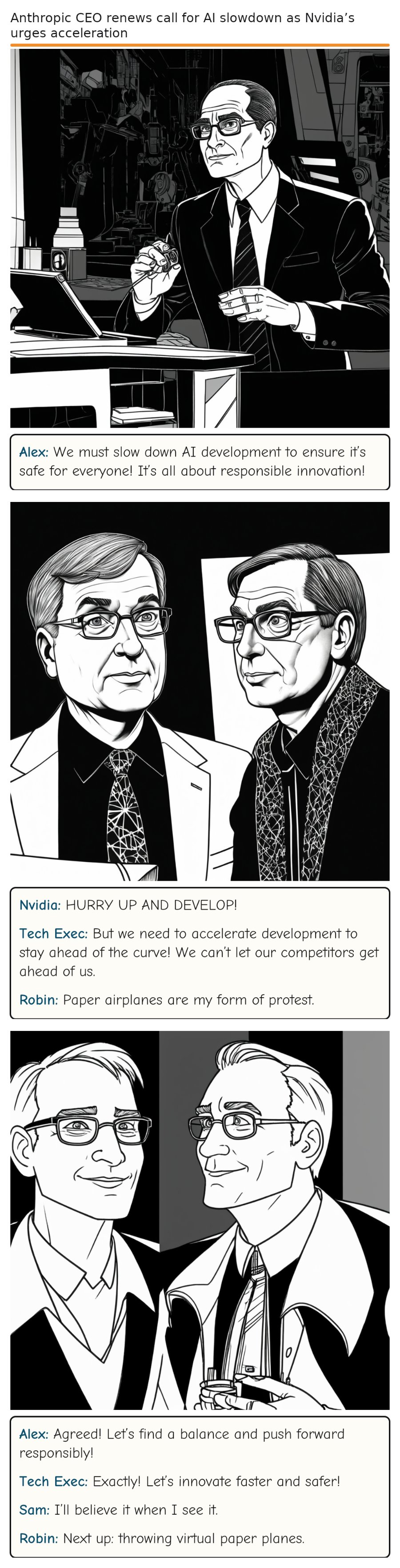 Anthropic CEO renews call for AI slowdown as Nvidia’s urges acceleration — comic strip