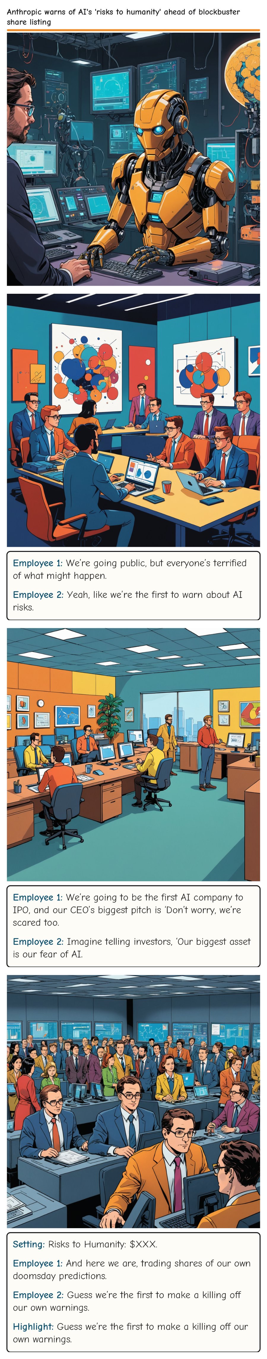 Anthropic warns of AI's 'risks to humanity' ahead of blockbuster share listing — comic strip