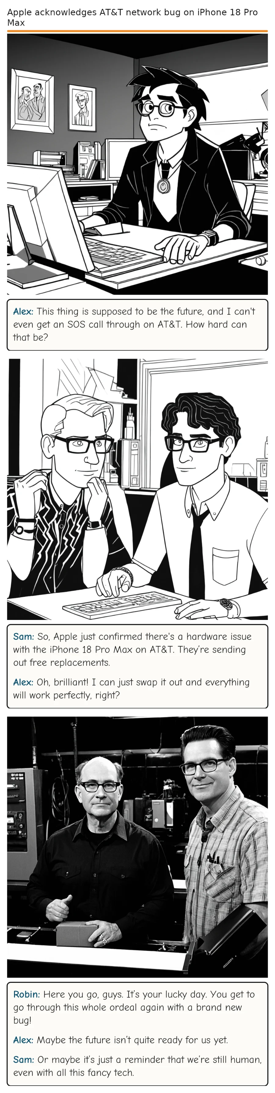 Apple acknowledges AT&T network bug on iPhone 18 Pro Max — comic strip
