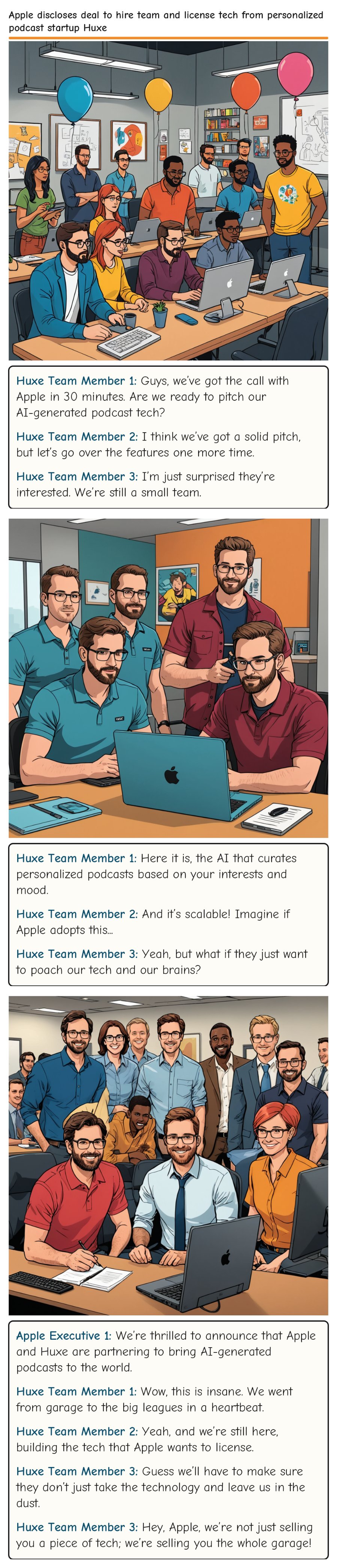 Apple discloses deal to hire team and license tech from personalized podcast startup Huxe — comic strip
