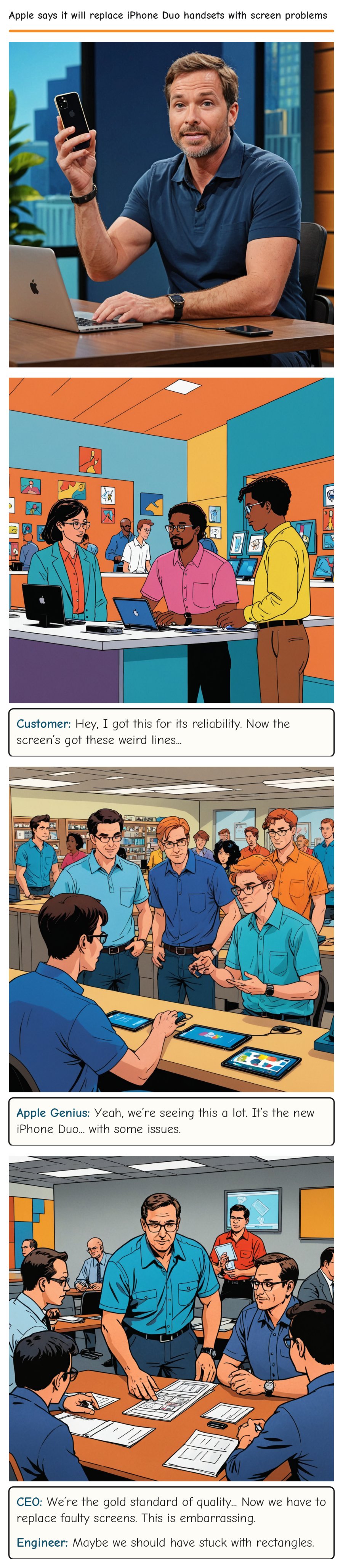 Apple says it will replace iPhone Duo handsets with screen problems — comic strip