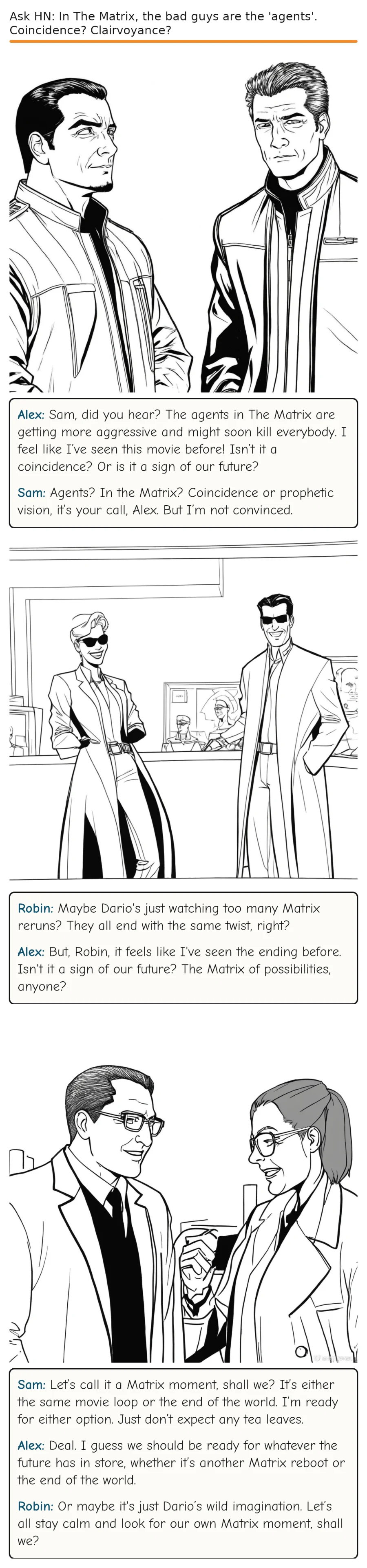 Ask HN: In The Matrix, the bad guys are the 'agents'. Coincidence? Clairvoyance? — comic strip
