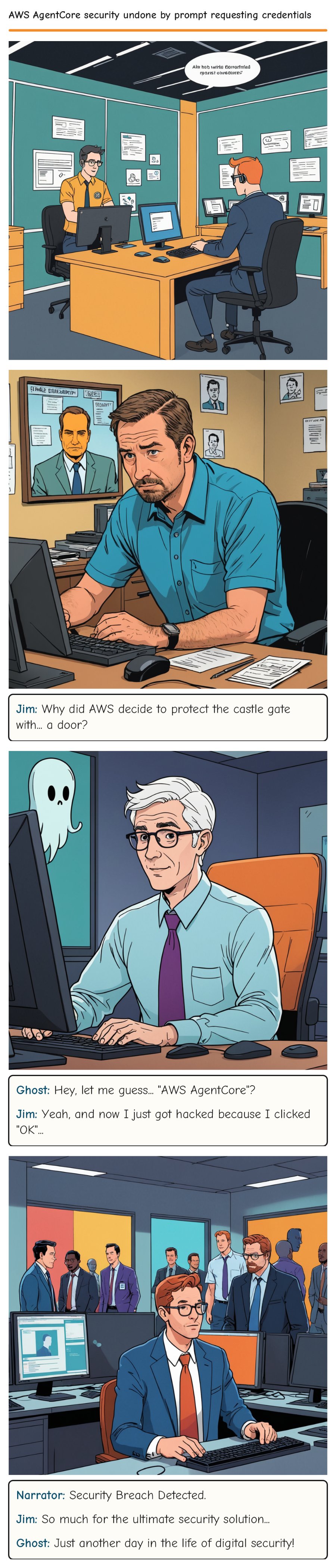 AWS AgentCore security undone by prompt requesting credentials — comic strip