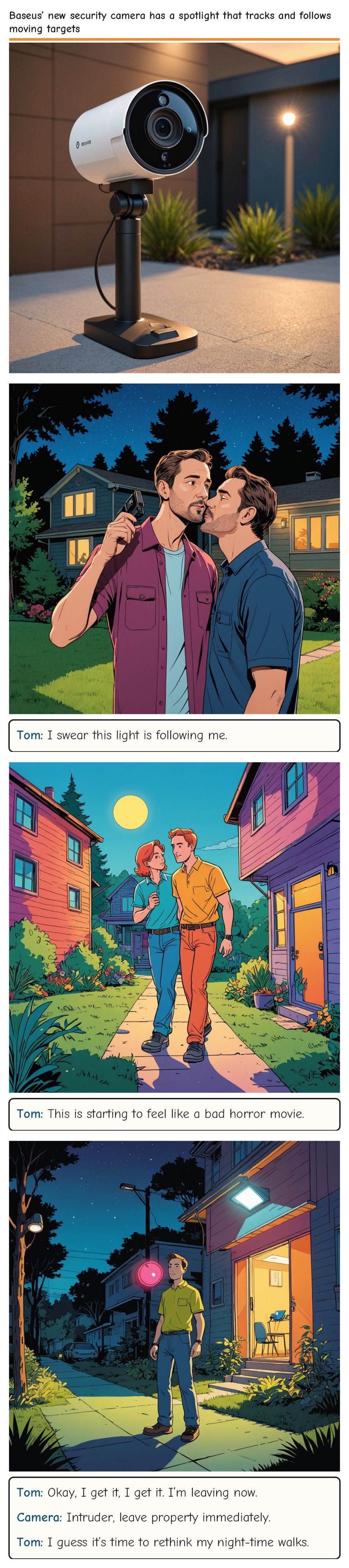 Baseus’ new security camera has a spotlight that tracks and follows moving targets — comic strip