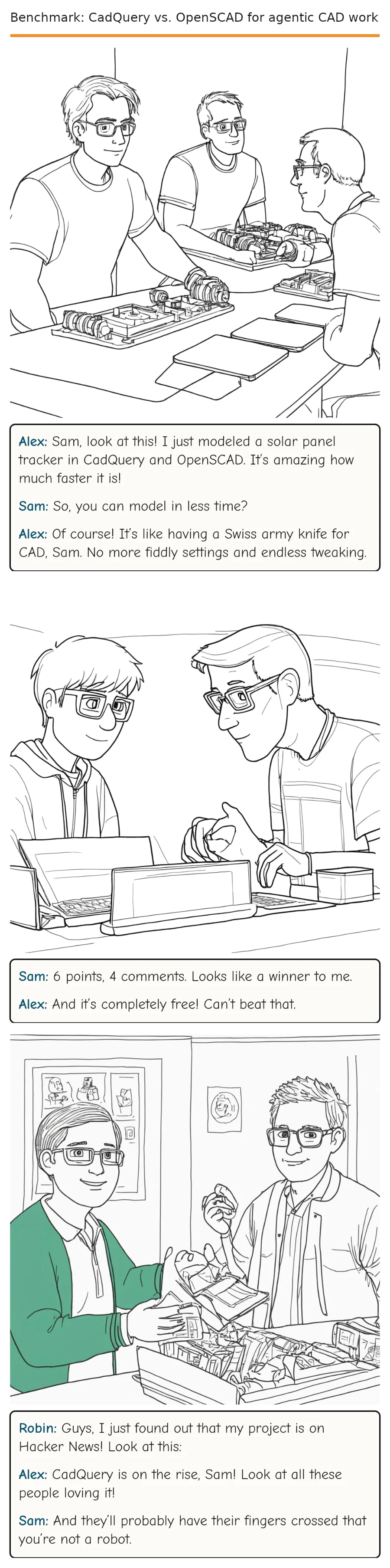 Benchmark: CadQuery vs. OpenSCAD for agentic CAD work — comic strip