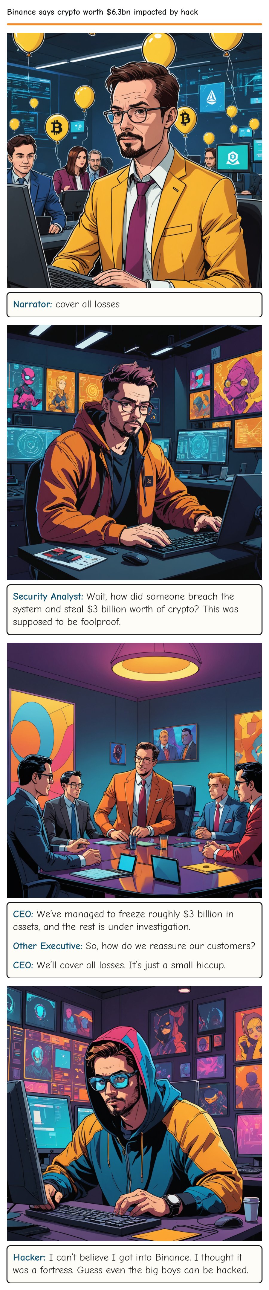 Binance says crypto worth $6.3bn impacted by hack — comic strip