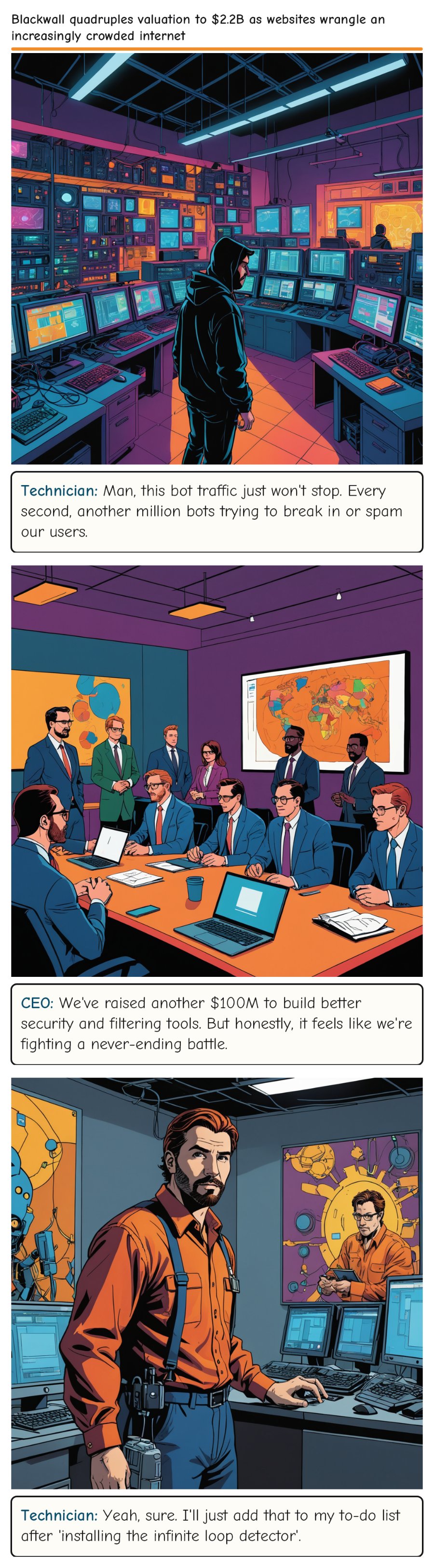 Blackwall quadruples valuation to $2.2B as websites wrangle an increasingly crowded internet — comic strip