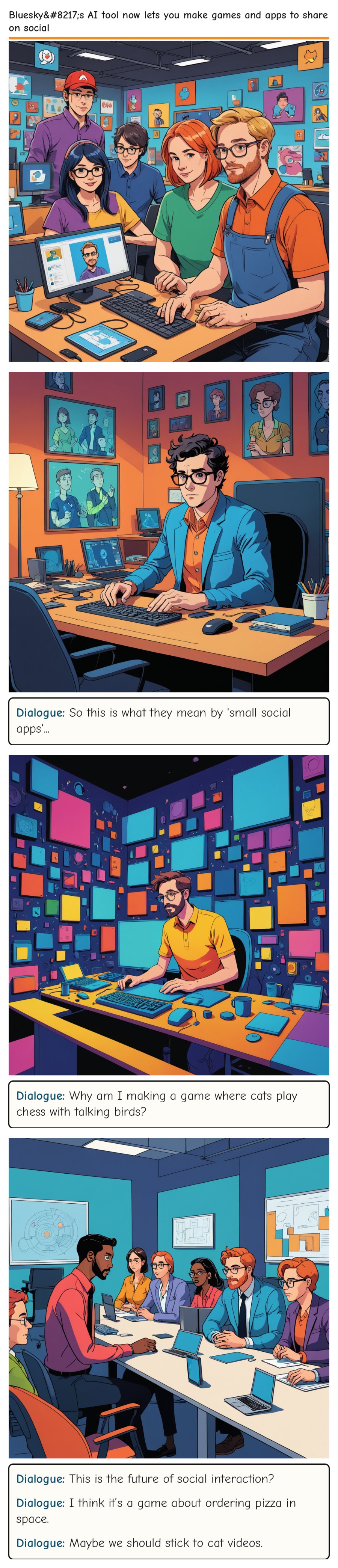 Bluesky’s AI tool now lets you make games and apps to share on social — comic strip