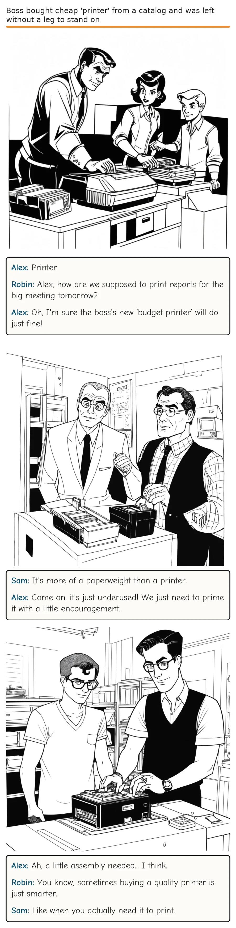 Boss bought cheap 'printer' from a catalog and was left without a leg to stand on — comic strip