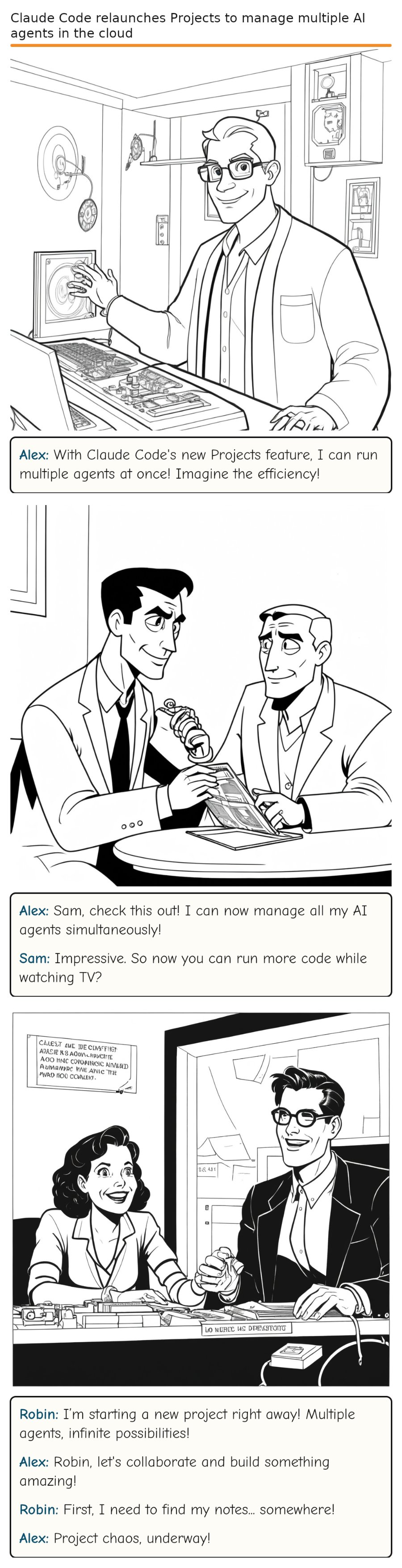 Claude Code relaunches Projects to manage multiple AI agents in the cloud — comic strip