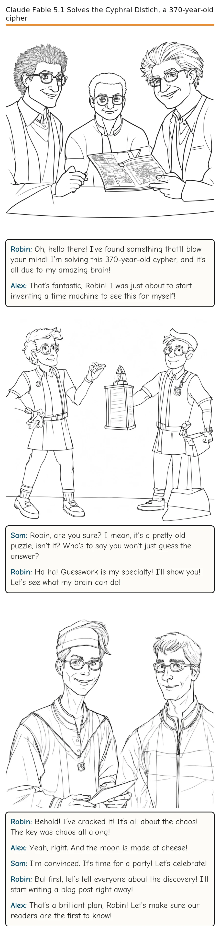 Claude Fable 5.1 Solves the Cyphral Distich, a 370-year-old cipher — comic strip