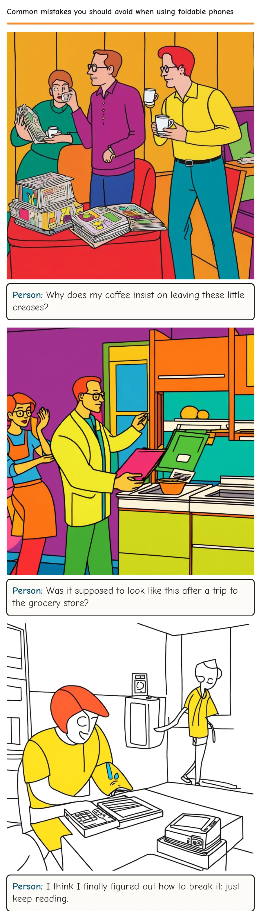 Common mistakes you should avoid when using foldable phones — comic strip
