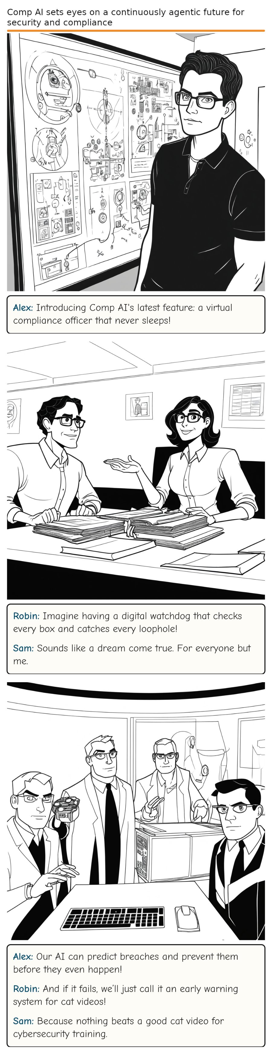 Comp AI sets eyes on a continuously agentic future for security and compliance — comic strip