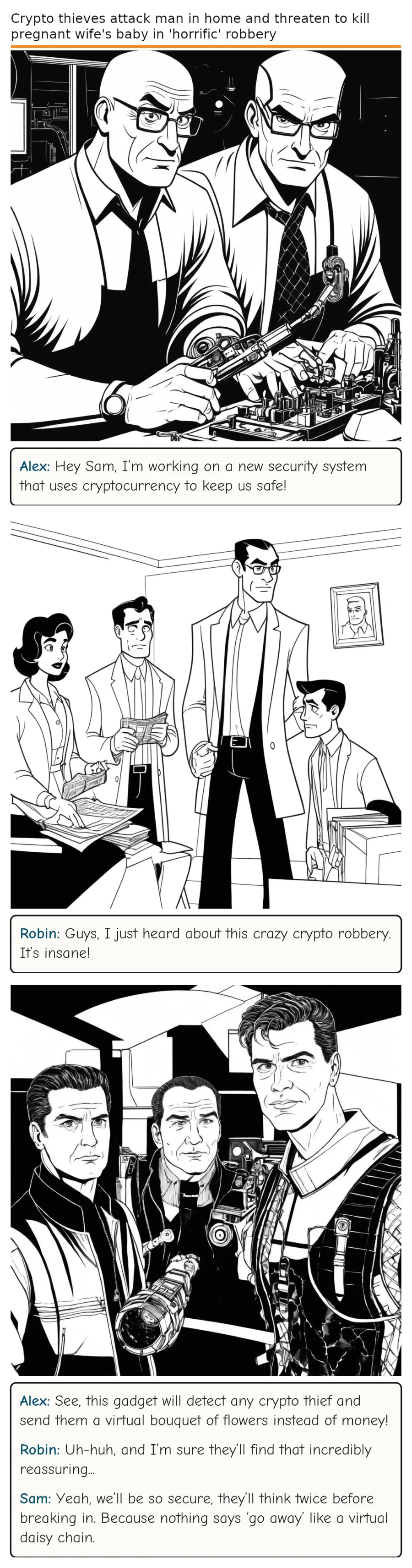 Crypto thieves attack man in home and threaten to kill pregnant wife's baby in 'horrific' robbery — comic strip