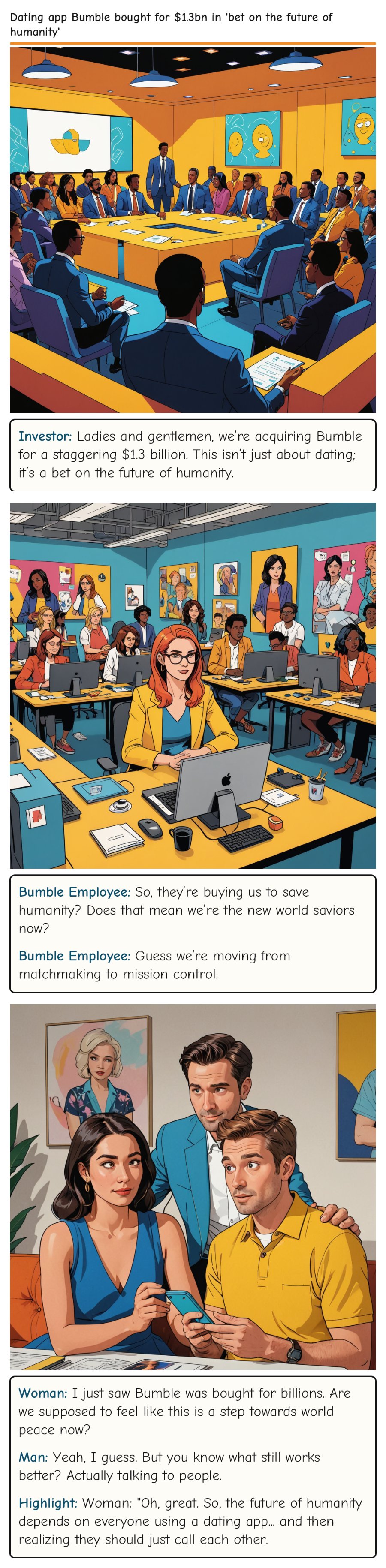 Dating app Bumble bought for $1.3bn in 'bet on the future of humanity' — comic strip