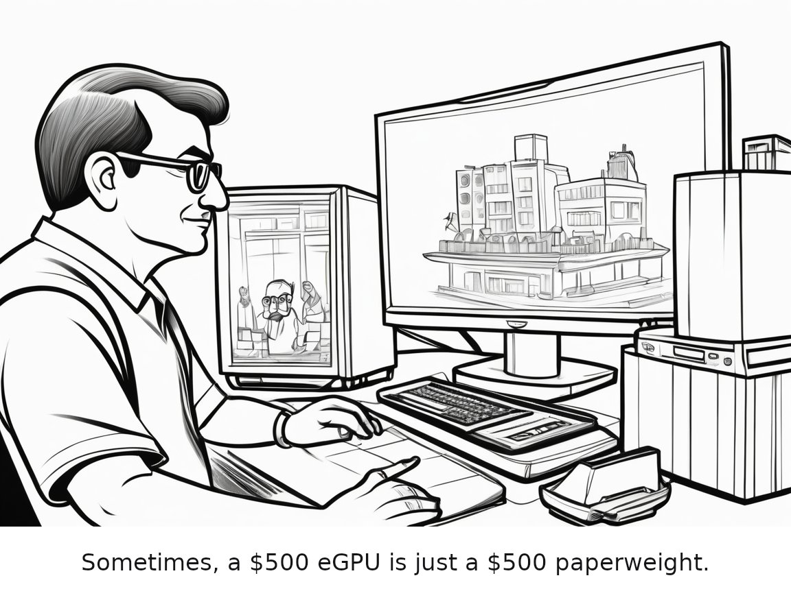 eGPUs do work, but they come with some notable limitations — one-panel cartoon