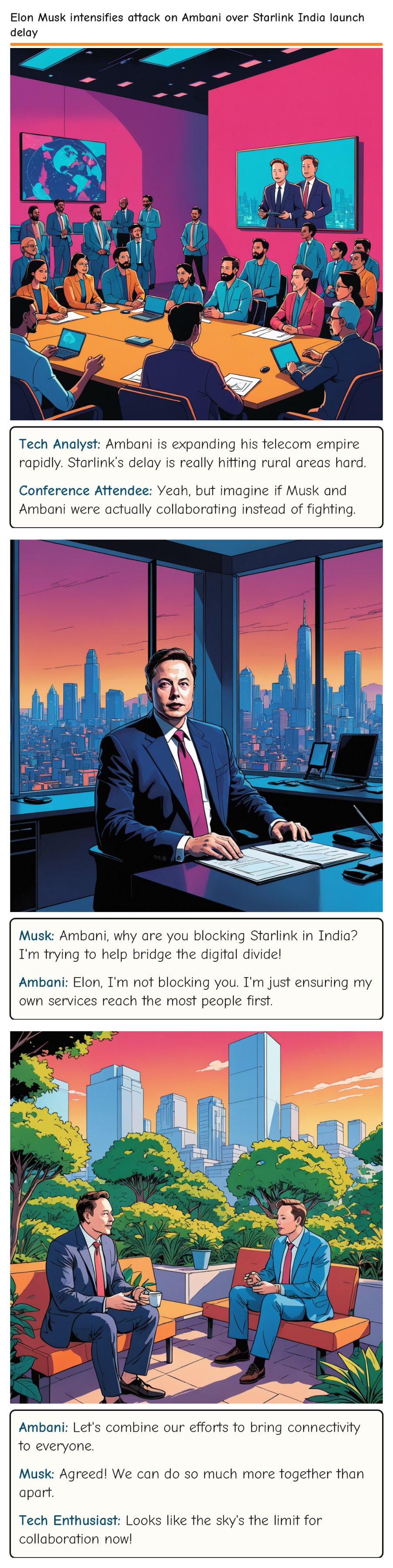 Elon Musk intensifies attack on Ambani over Starlink India launch delay — comic strip