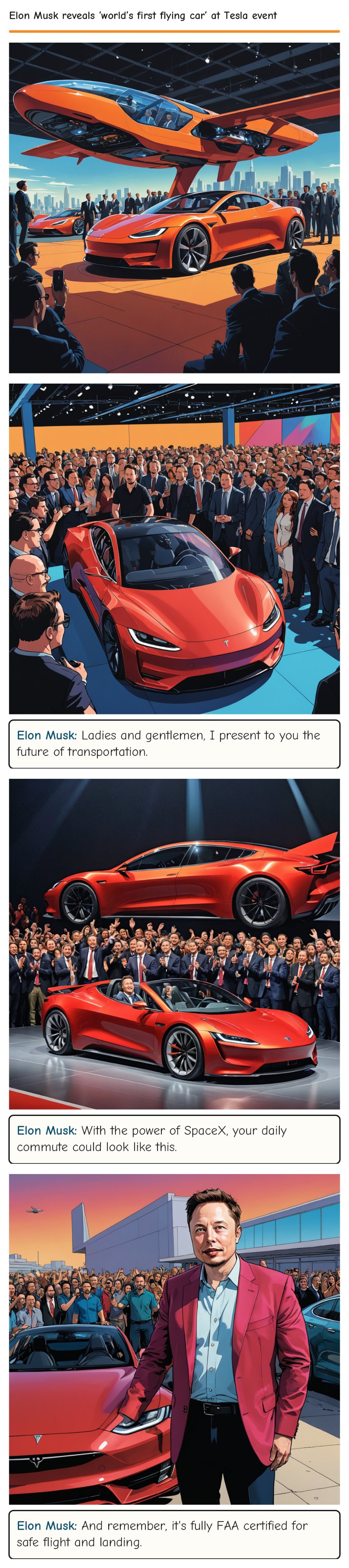 Elon Musk reveals ‘world’s first flying car’ at Tesla event — comic strip