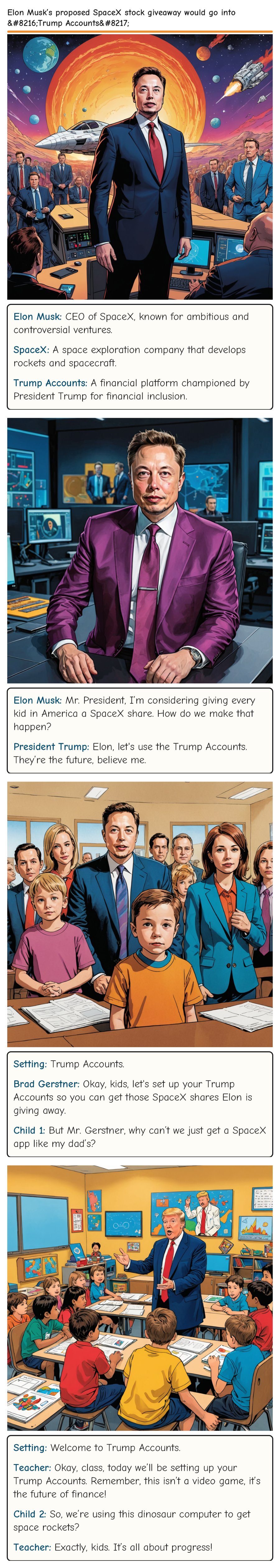 Elon Musk’s proposed SpaceX stock giveaway would go into ‘Trump Accounts’ — comic strip