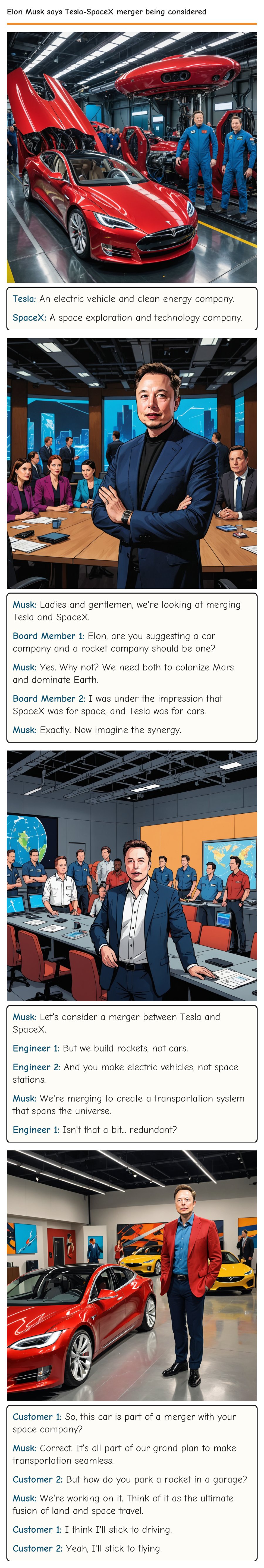 Elon Musk says Tesla-SpaceX merger being considered — comic strip