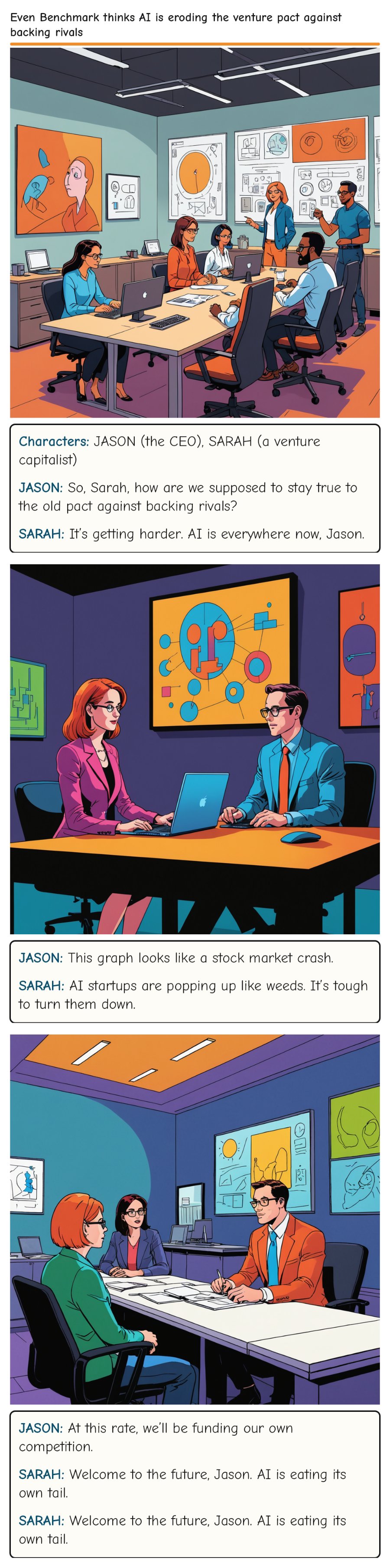 Even Benchmark thinks AI is eroding the venture pact against backing rivals — comic strip