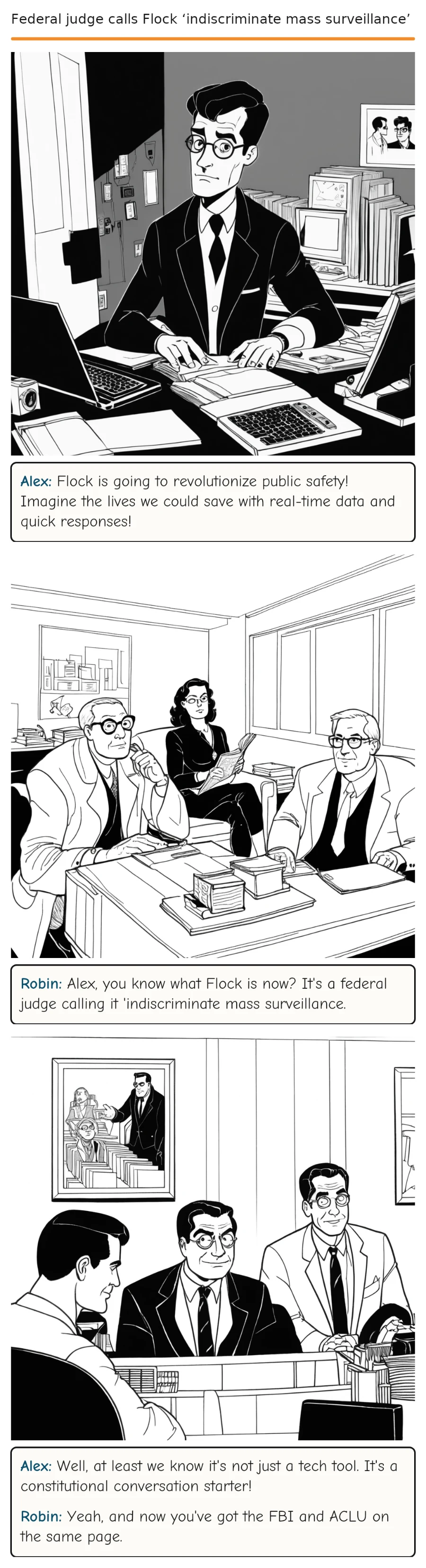 Federal judge calls Flock ‘indiscriminate mass surveillance’ — comic strip