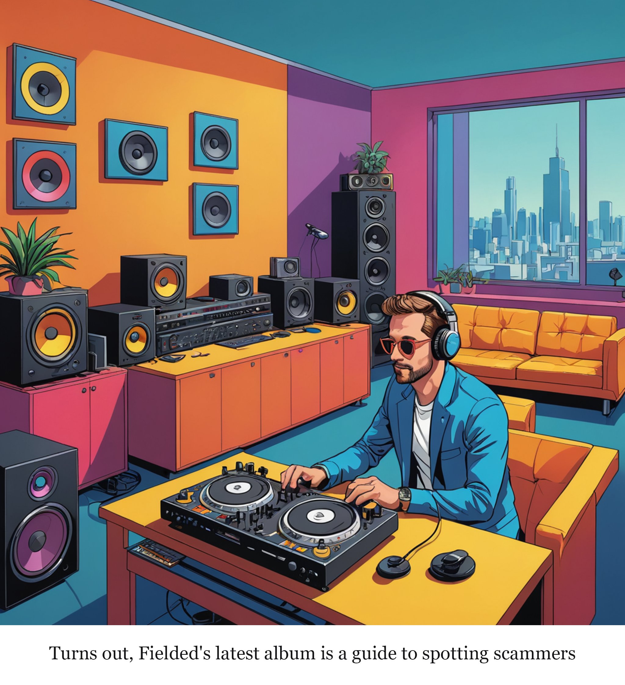 Fielded is obsessed with scammers and unhinged Japanese cyberpunk — one-panel cartoon