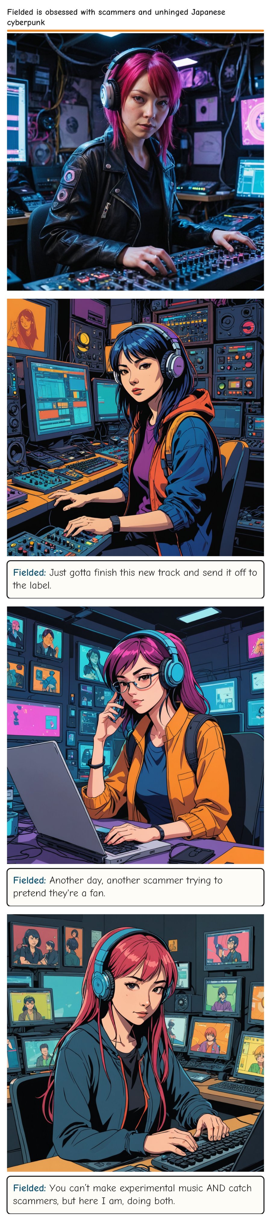 Fielded is obsessed with scammers and unhinged Japanese cyberpunk — comic strip