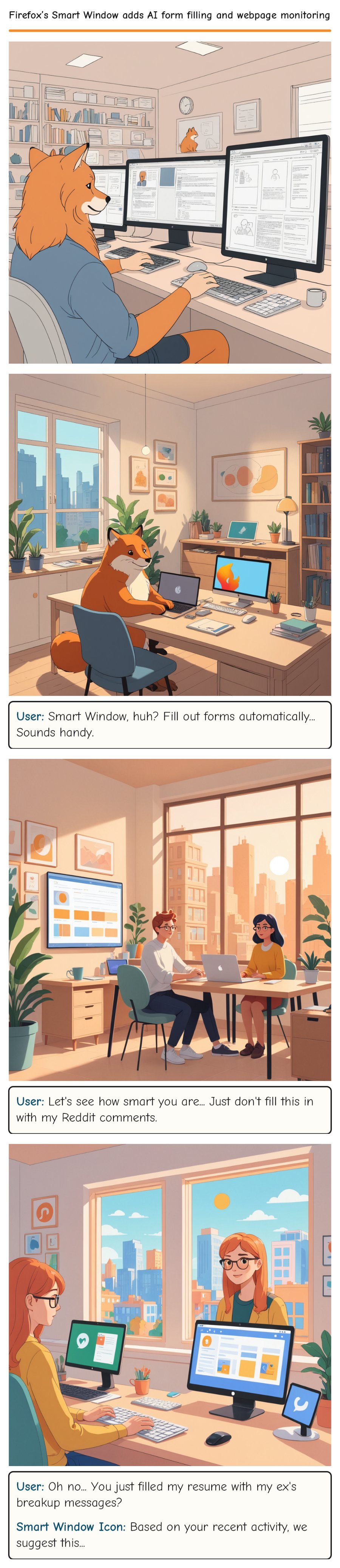 Firefox’s Smart Window adds AI form filling and webpage monitoring — comic strip