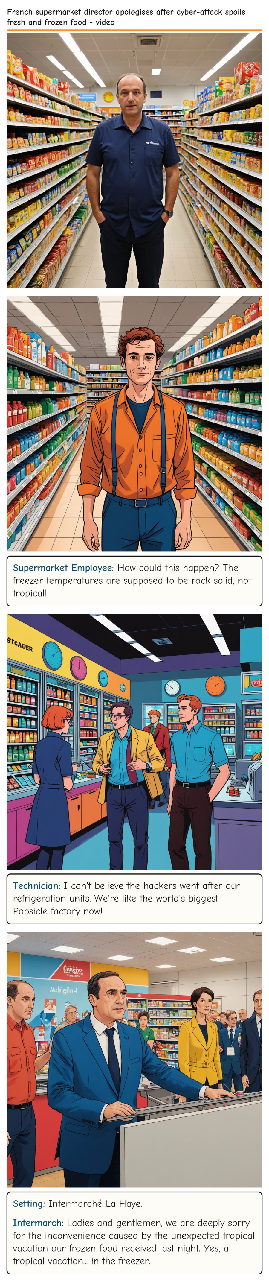 French supermarket director apologises after cyber-attack spoils fresh and frozen food - video — comic strip