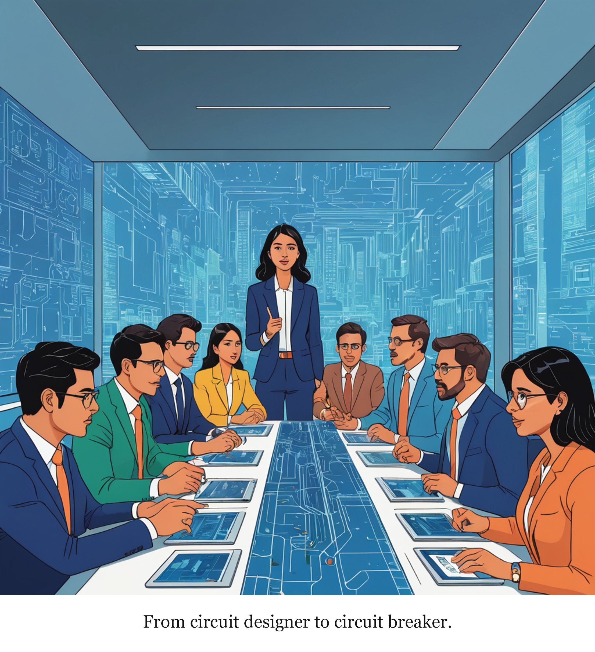 From Chip Lab to Center Stage — one-panel cartoon