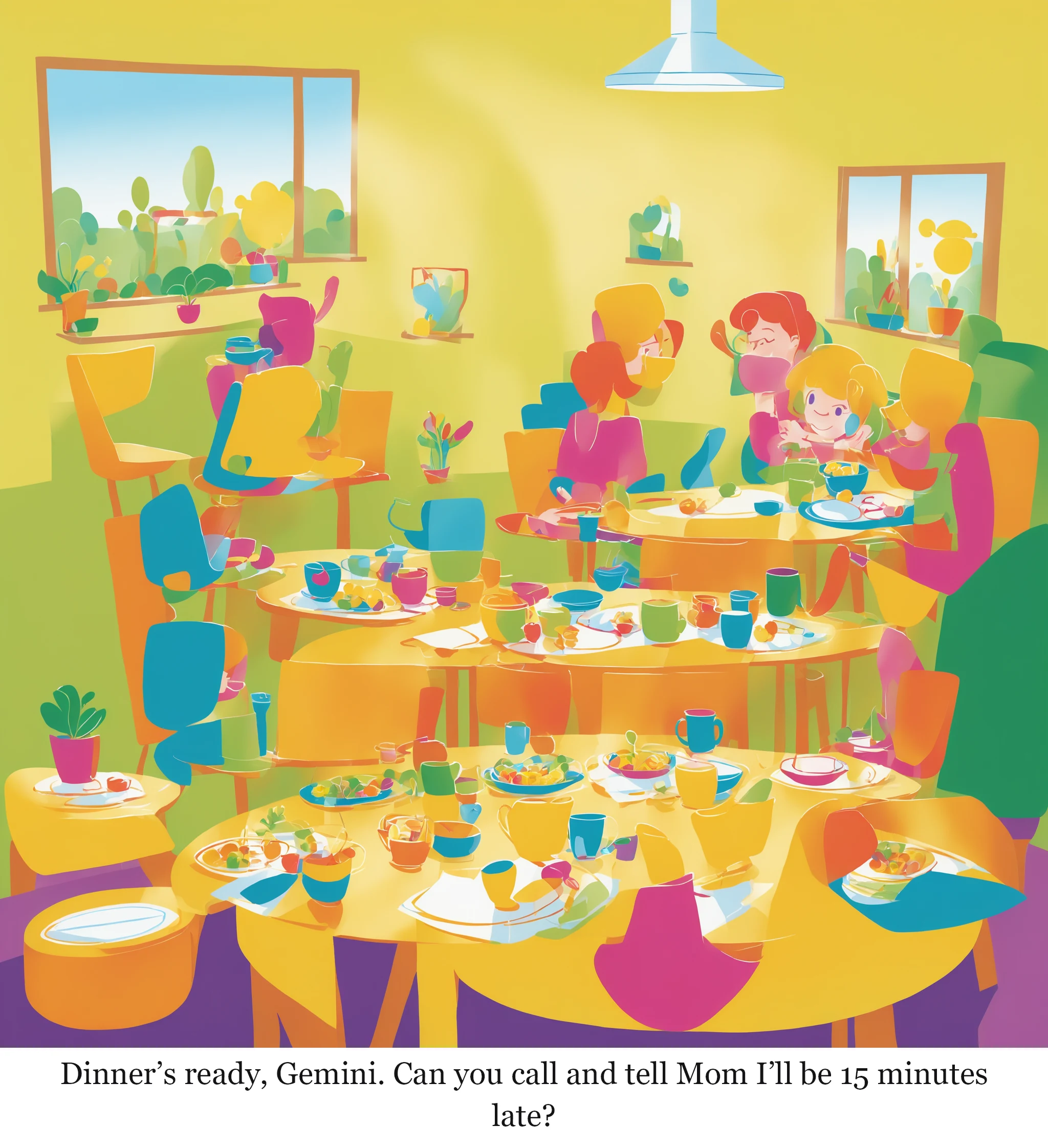 Dinner’s ready, Gemini. Can you call and tell Mom I’ll be 15 minutes late?