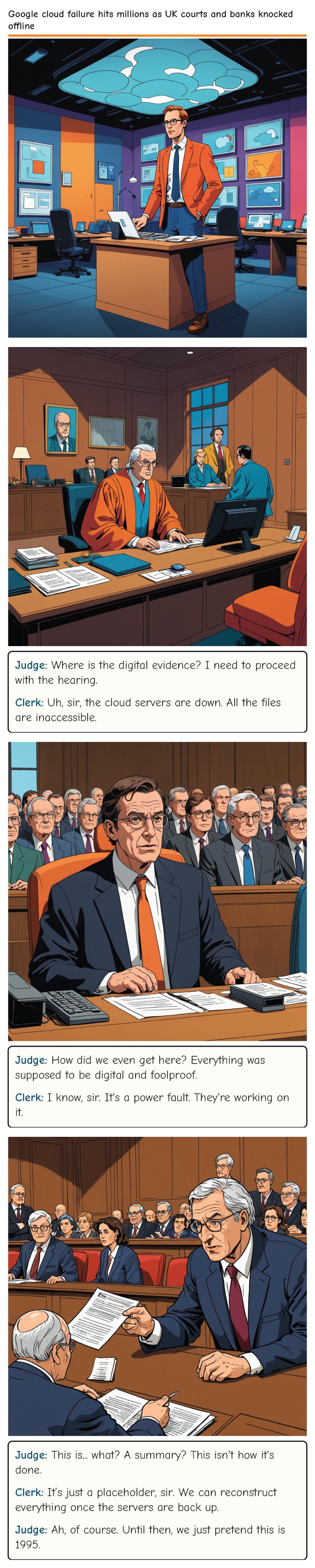 Google cloud failure hits millions as UK courts and banks knocked offline — comic strip