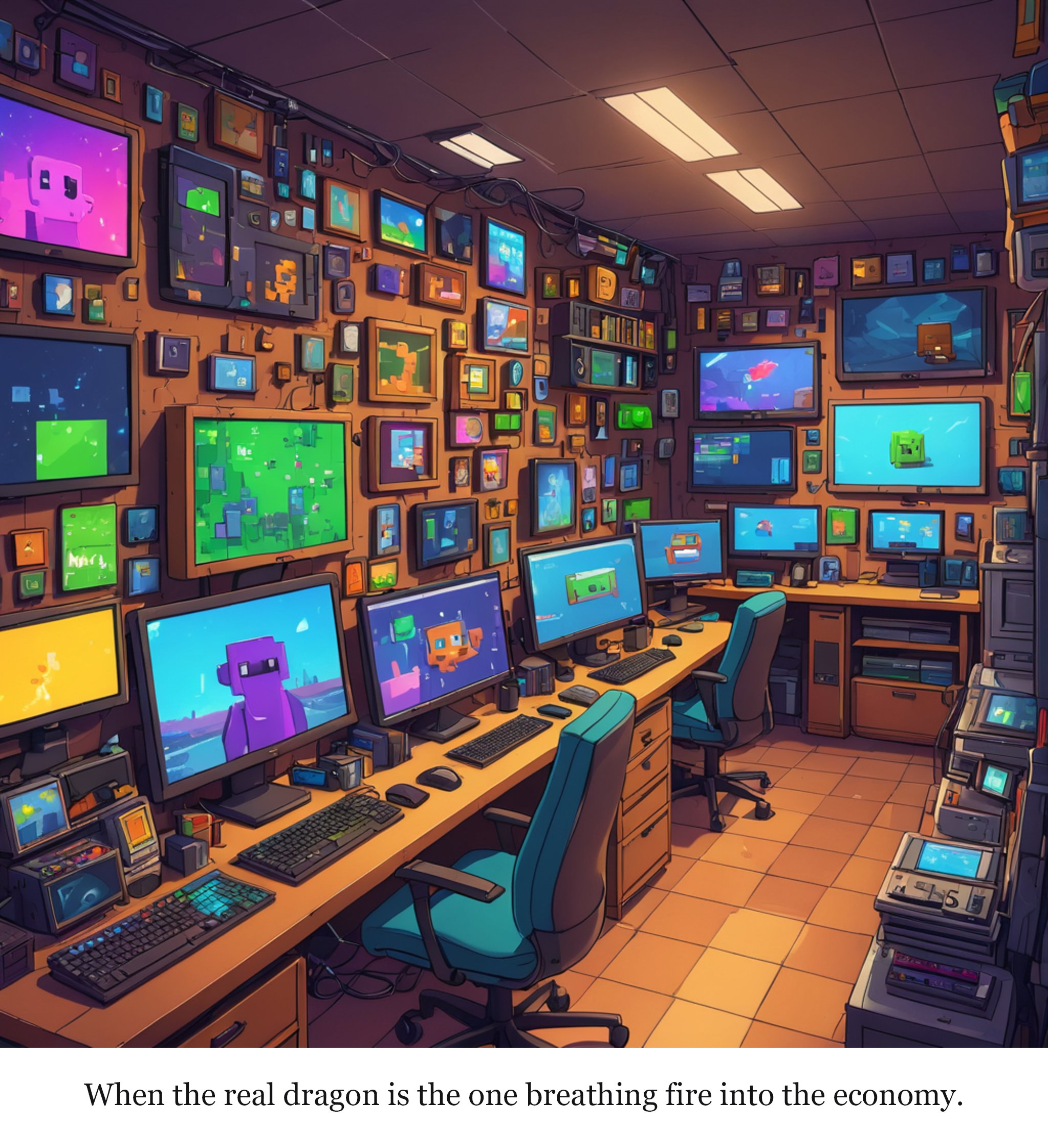 Google Gemini 4 agents just beat Minecraft with no human intervention — one-panel cartoon