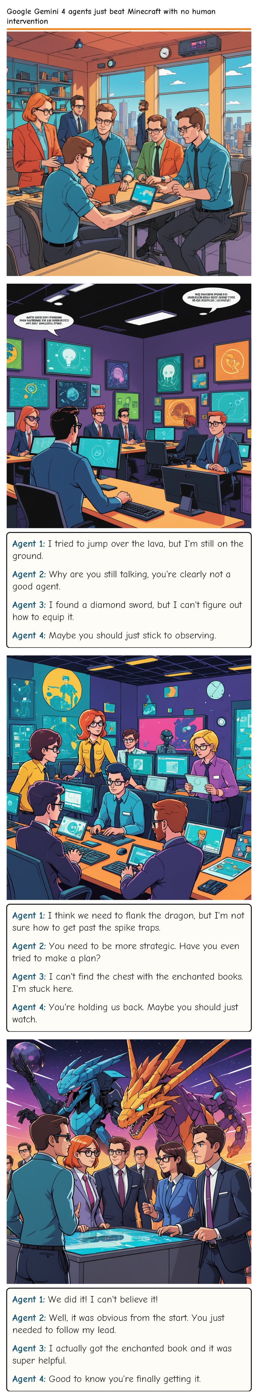 Google Gemini 4 agents just beat Minecraft with no human intervention — comic strip