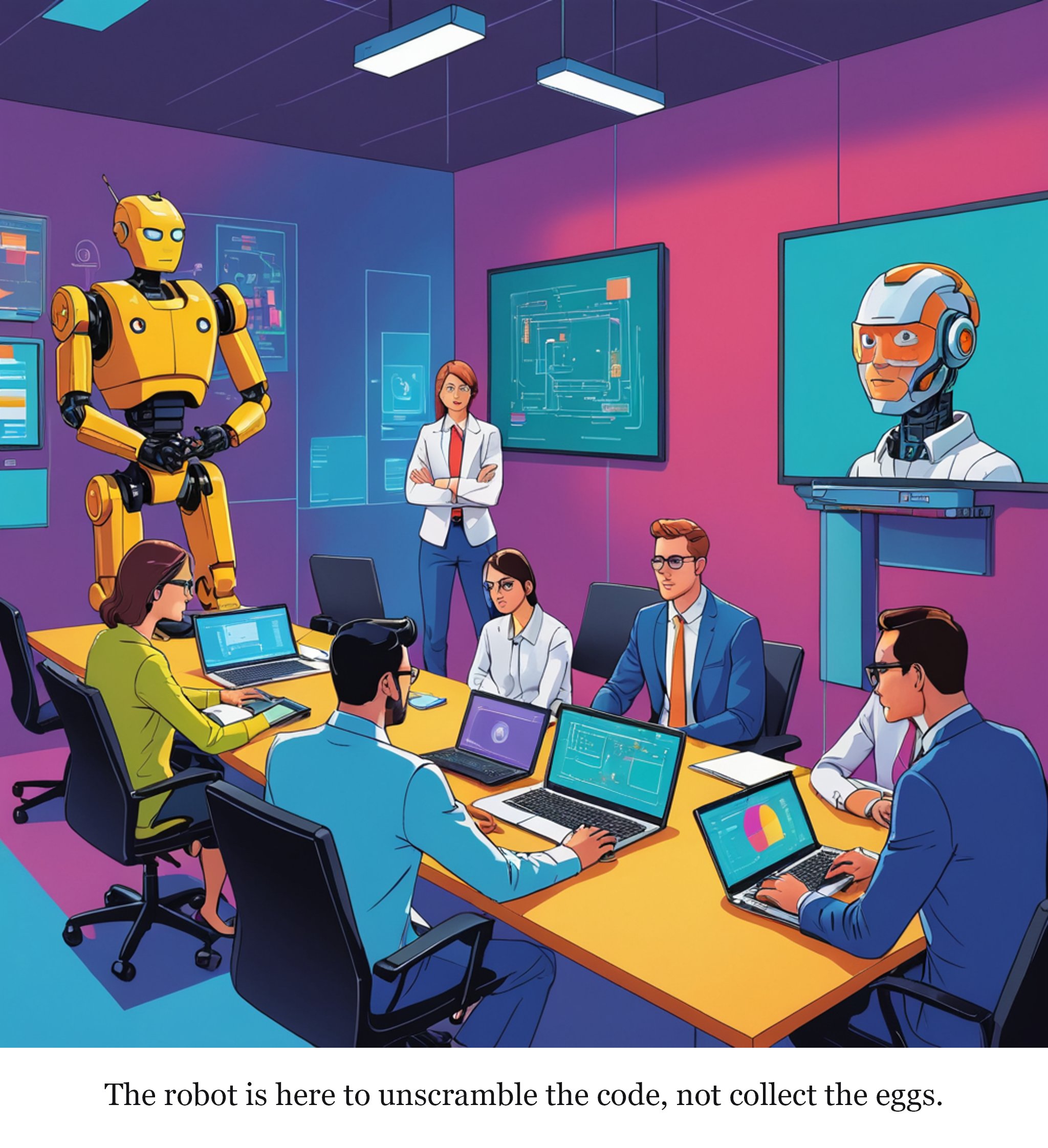 The robot is here to unscramble the code, not collect the eggs.