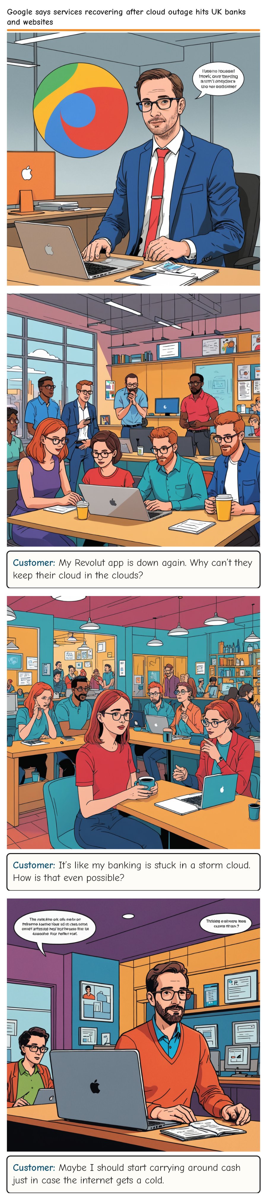 Google says services recovering after cloud outage hits UK banks and websites — comic strip