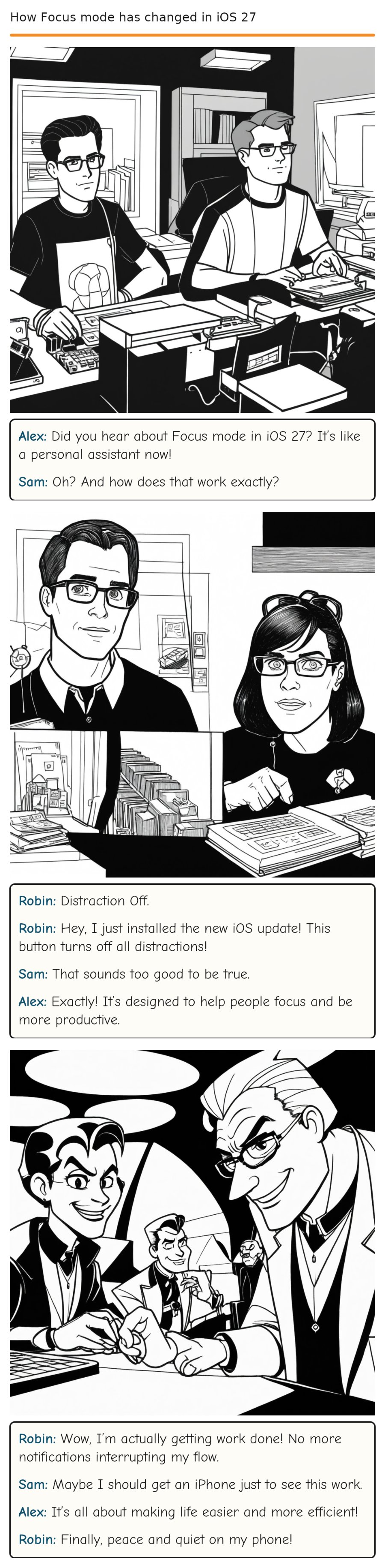 How Focus mode has changed in iOS 27 — comic strip