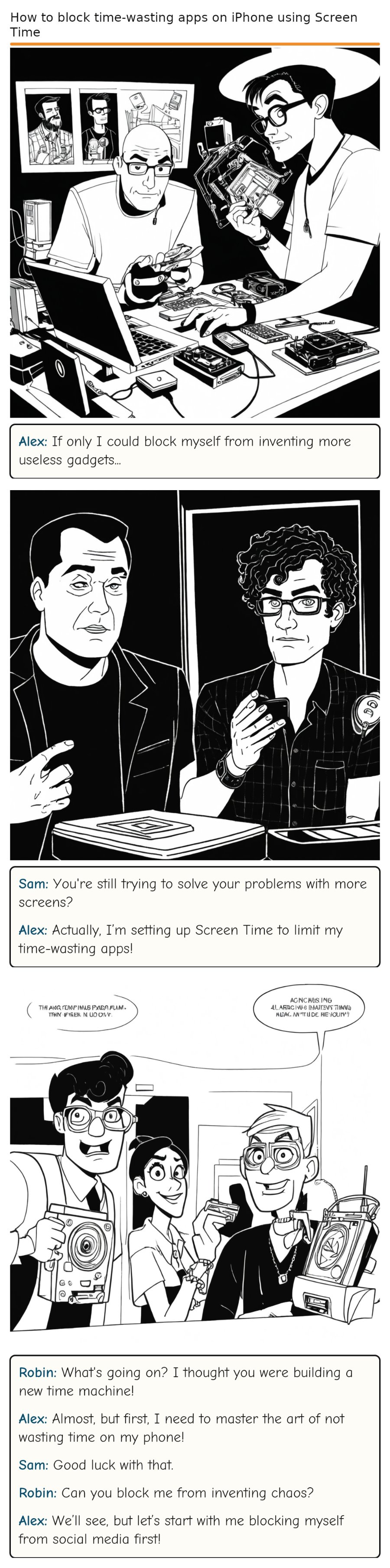 How to block time-wasting apps on iPhone using Screen Time — comic strip