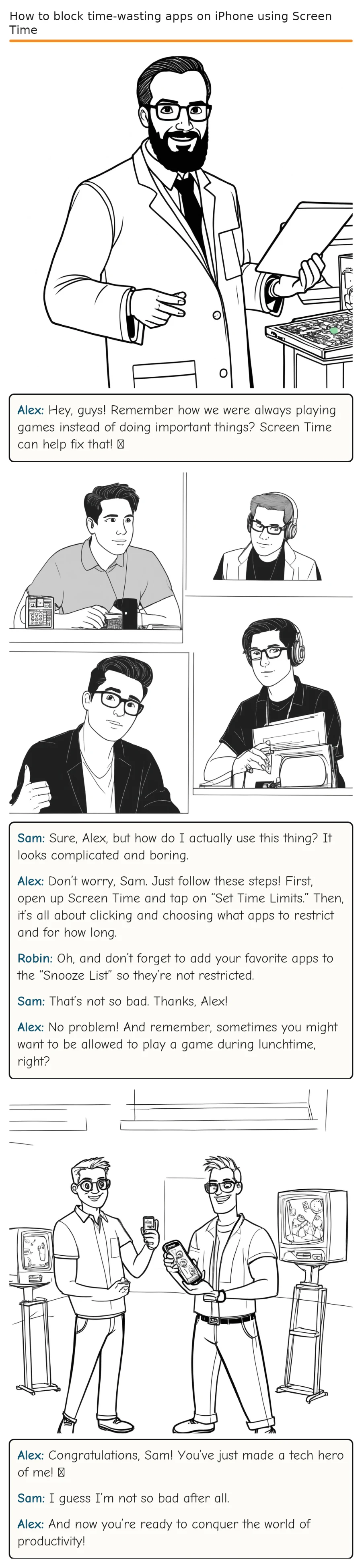 How to block time-wasting apps on iPhone using Screen Time — comic strip